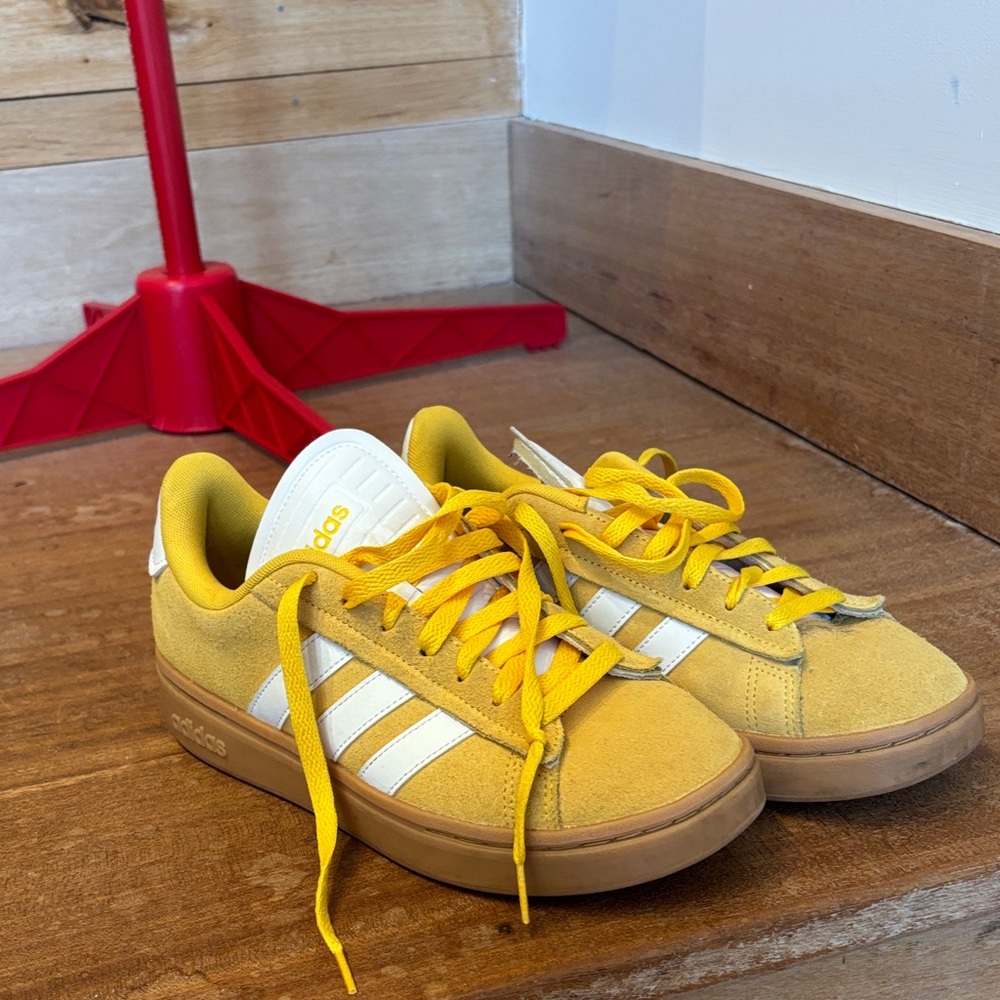 adidas Women’s Yellow Suede Sneakers with White Stripes